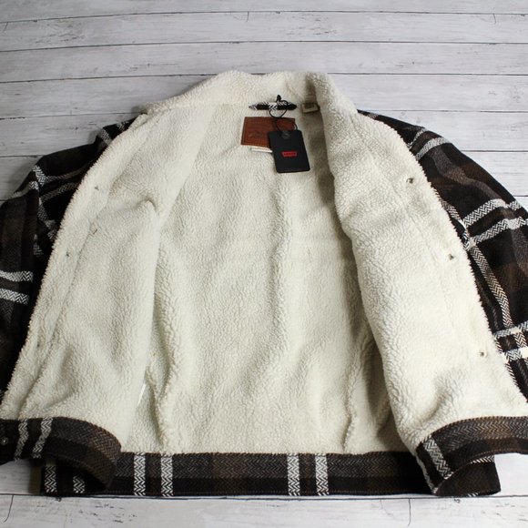 Levi Strauss Men's Plaid Trucker Jacket Size L Wool Blend Sherpa Lined - Picture 3 of 9